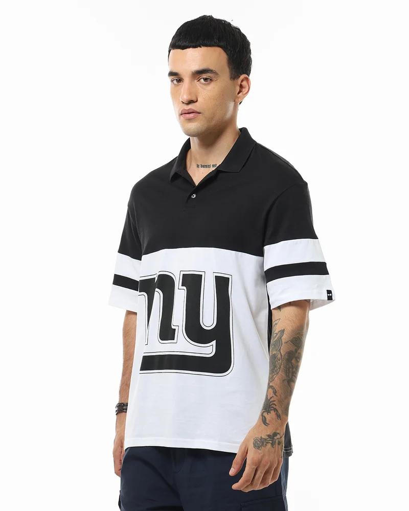 bewakoof Men's White & Black NY Color Block Oversized Polo T-shirt